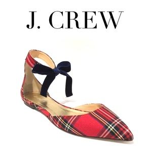 J CREW Tartan RED Plaid d'Orsay Flats Ankle Bow 7.5 ( fits 8 ) H1841 NEW RARE